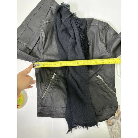 Free People Black Moto Jacket Coat Size 2 Front Drape Coated Denim Jean